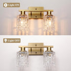 2 Light Brushed Gold Bathroom Vanity Light Over Mirror, Modern Vanity Lighting with Crystal Glass Shade, Wall Mount Bathroom Light Fixtures, E26 Base