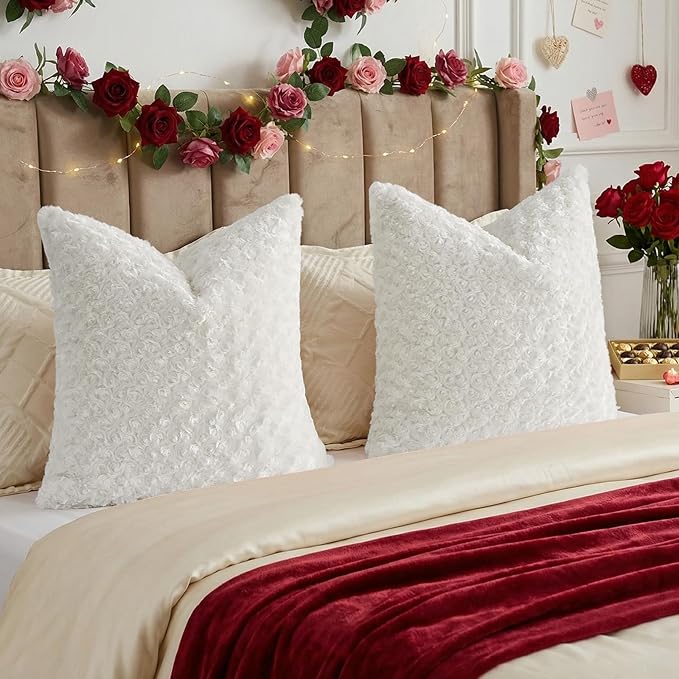 FUTEI White Decorative Throw Pillow Covers 26x26 Inch Set of 2,Soft Solid Rose Swirl Textured Euro Pillow Shams,Valentine's Day Decor for Couch Living Room