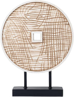 Unique Round Coin Sculpture Decorative Objects for Shelf Home Decor Accents, Modern Abstract Tabletop Decor Items for Living Room Fireplace Mantel, Above Cabinet (Vintage White)