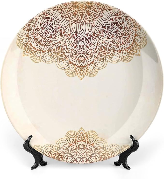 XISUNYA 6 Inch Decorative Plate, Victorian Round Porcelain, Artistic Oriental Vintage Henna Style Mandala Print Ceramic Wall Hanging for Home & Office Wall Hanging Decor, Beige
