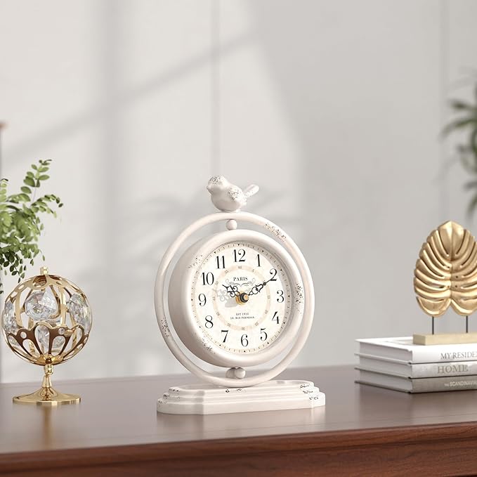 White Vintage Table Clock with Bird, European Retro Style Mantel Clocks, Desk and Shelf Decor Clock, for Living Room, Farmhouse, Bedside, Bedroom, Gift (7.9" H x 6.3" W)
