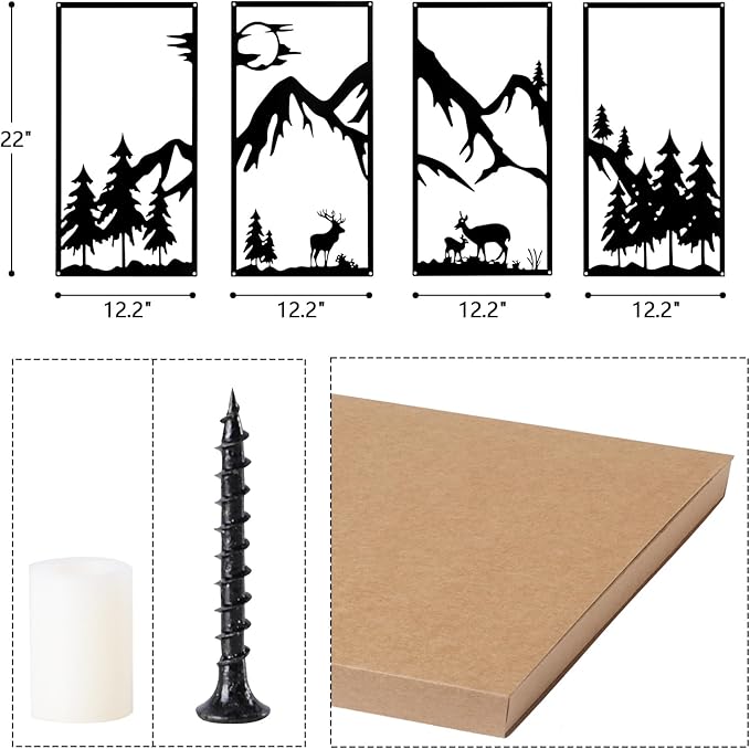 Bdor Four-in-One Metal Wall Art - 22.05" x 12.20" Each Panel - Mountain Deer Silhouette Wall Decor - Modern Rustic Forest Landscape for Home & Office
