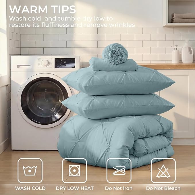 Sasttie Twin Comforter Set, 5-Piece Bed in a Bag, Pintuck Bedding Sets for All Season, Includes Comforter, Flat Sheet, Fitted Sheet, Pillowcase and Pillowsham, Greylish Blue