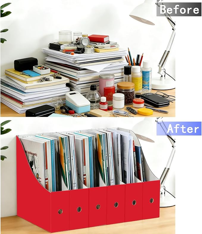 Limitliho Magazine File Folder Holder for Desk, Book Bins for Classroom Library,Office,Home, 10.6" H x 10.2" L x 3.5" W in Cardboard Paper Organizer(Red, 6 Pack)