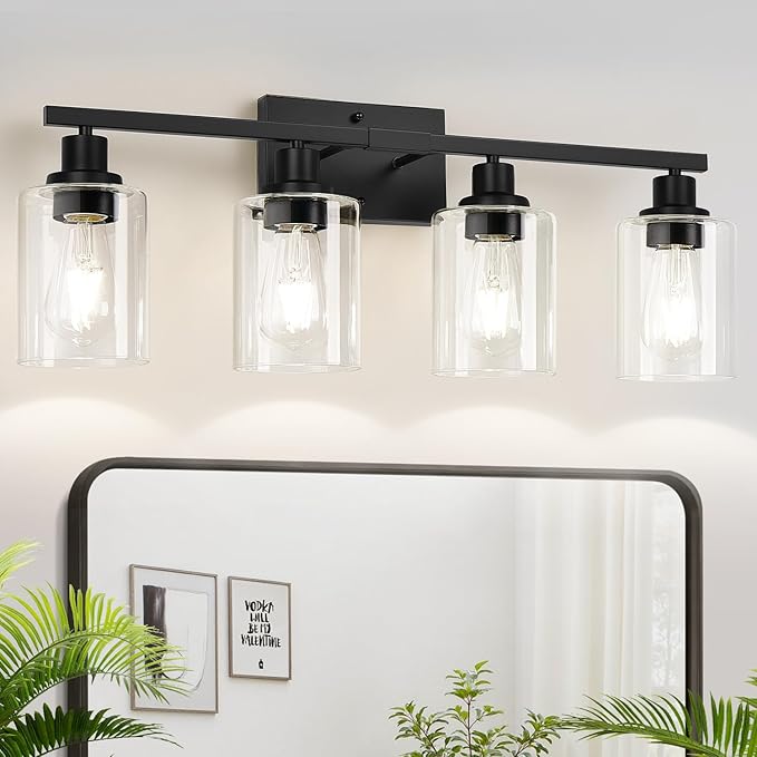 4-Light Bathroom Light Fixtures, Vanity Light with Clear Glass Shades, Matte Black Bathroom Light Fixtures Over Mirror, Modern Bathroom Wall Lamp for Mirror Living Room Cabinet Bedroom