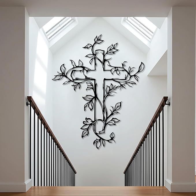 Hotuijxca Cross Metal Wall Art, Tree of Life Crosses Metal Wall Decor, Christianity Wall Art for Living Room, Bedroom(Black,28" x 22" / 70 x 56 cm)
