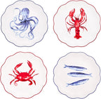 Bico Ocean Wonders Scalloped Salad Plates Set of 4, 8.75 Inch Ceramic Dessert Plates for Salad, Appetizer, Side Dishes, Microwave and Dishwasher Safe, Gift for Housewarming and Christmas