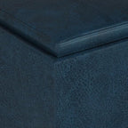 SIMPLIHOME Rockwood Cube Storage Ottoman with Tray - 17 inch Wide Upholstered Vegan Leather Square Storage Ottoman in Distressed Dark Blue, Contemporary Cube Ottoman for Living Room with Serving Tray