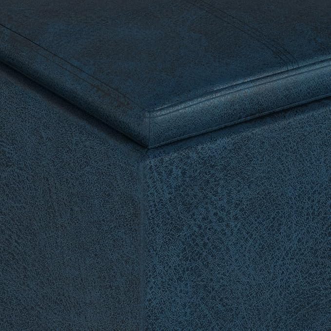 SIMPLIHOME Rockwood Cube Storage Ottoman with Tray - 17 inch Wide Upholstered Vegan Leather Square Storage Ottoman in Distressed Dark Blue, Contemporary Cube Ottoman for Living Room with Serving Tray