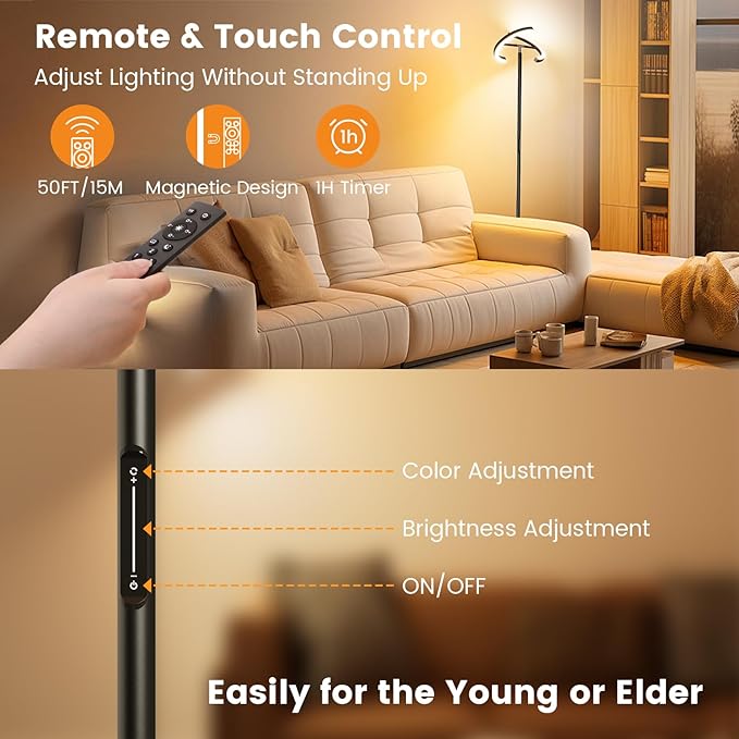 LED Floor Lamp - Rotatable Standing Lamp with Touch & Remote Control, 3000-6000K, 22W Modern Floor Reading Light, Dimmable Corner Uplighter for Living Room Bedroom Office, Black