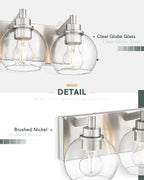 Bathroom Light Fixtures, 3-Light Brushed Nickel Vanity Light, Modern Wall Sconces with Globe Clear Glass Shade, Vanity Lighting Fixtures Over Mirror, VL195-BN-CL-3
