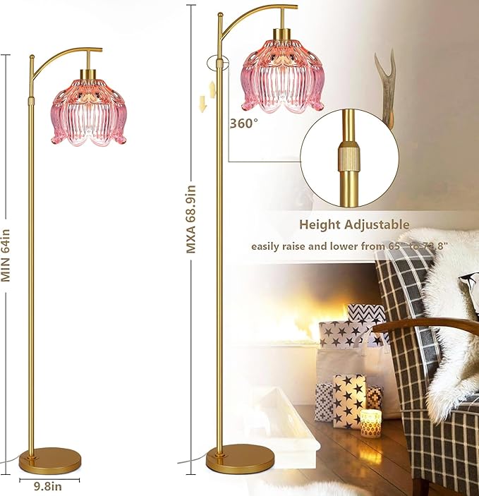 Pink Floor Lamp for Living Room,Bedroom,Glass Gold Dimmable Standing Lamp with Remote,Mid Century Modern Brass Tall Lamp Boho Floor Lamps Arc Stained Tulip Flower Floor Light Lamp Bohemian