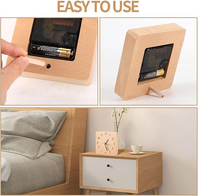 Wooden Desk Clock, 4 inch Small Analog Clock Desktop Decoration, Modern Desk and Shelf Clock, Silent Non-Ticking Battery Operated Table Clock, Mantel Clock for Office, Living Room, Bedroom