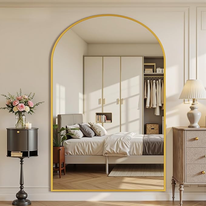 Suidia Arched Full Length Mirror, 88"x44" Floor Mirror Freestanding, Floor Standing Full Body Mirror with Stand for Bedroom, Hanging Leaning Mounted for Living Room Cloakroom, Gold