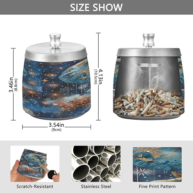 Elephant Stars Ashtray with Lid, Outdoor Ashtrays for Patio, Stainless Steel Ashtray Odorless Smokeless for Home Office Balcony