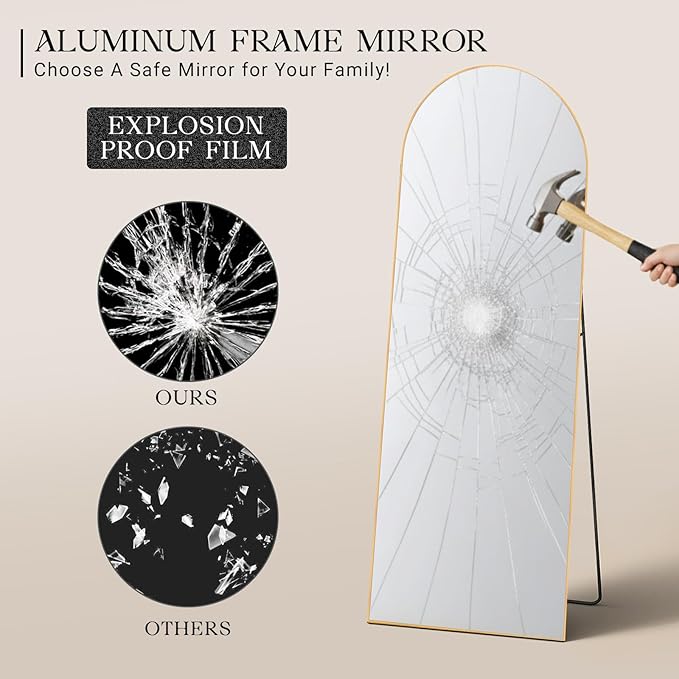 MISSDAY 64"x21" Arched Full Length Mirror, Full Body Mirror with Stand, Floor Mirror Long Free Standing, Leaning or Hanging, Aluminum Thin Frame Wall-Mounted Mirrors Wall Mirrors for Bedroom, Gold