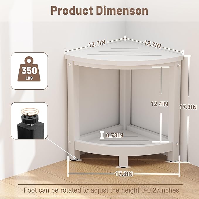 Shower Stool for Inside Shower, Corner Shower Bench Seat, HDPE Waterproof Shower Stool for Shaving Legs with Baffle Storage Shelf, Shower Seat/Foot Rest for Bathroom, Indoor/Outdoor Use, White