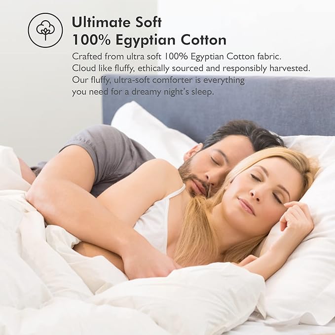 Luxurious White Solid Medium Weight, Queen Size Goose Feathers Down Comforter for All-Season Weather Duvet Insert, Premium Baffle Box, 100% Egyptian Cotton Cover, 60 oz. Fill Weight