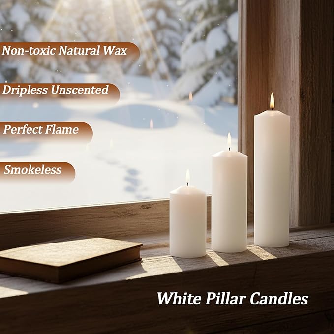 White Pillar Candles Bulk Set of 18，Hurricane Candles，3 Different Lengths 2 x 3/6/8 Inch (6 Each)，Dripless Unscented Smokeless，Gives You a Better Atmosphere When Organizing an Event Party.