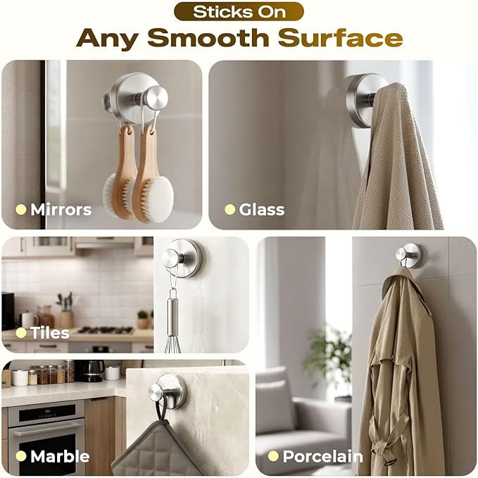 Upgraded Suction Cup Hooks for Shower, Heavy Duty Removable Towel Hooks for Bathroom Glass Door Wall, Stainless Steel Shower Hooks for Towel & Loofah (4 Pack, Silver)