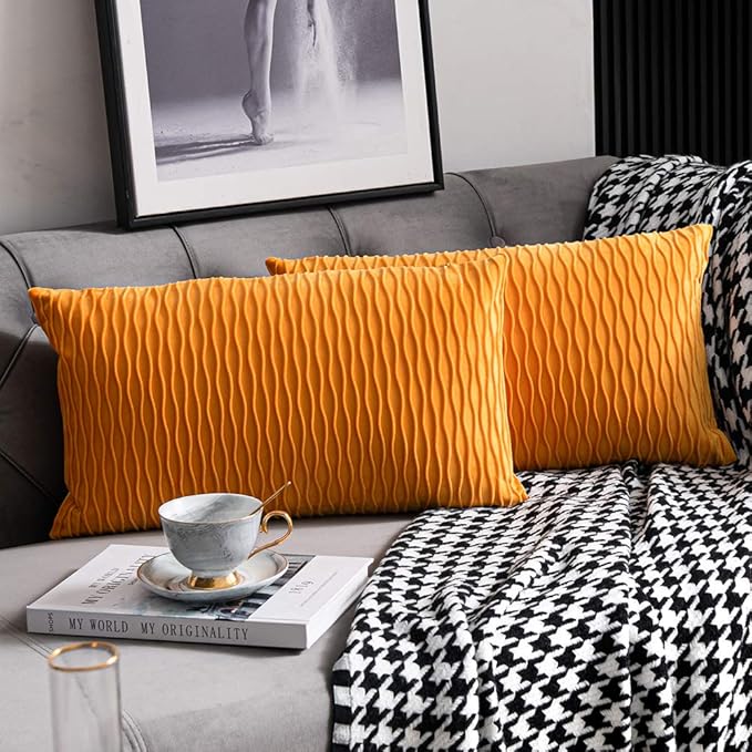 Fall Golden Yellow Couch Pillow Covers: 2 Pack 12x20 Inch Original Striped Polyester Rectangular Throw Pillow Cases for Farmhouse Home Decor