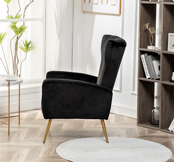 Modern Velvet Accent Chair, Channel Tufted Bedroom, Office or Living Room Furniture with Elegant Metal Legs, 26" Wide Armchair, Black