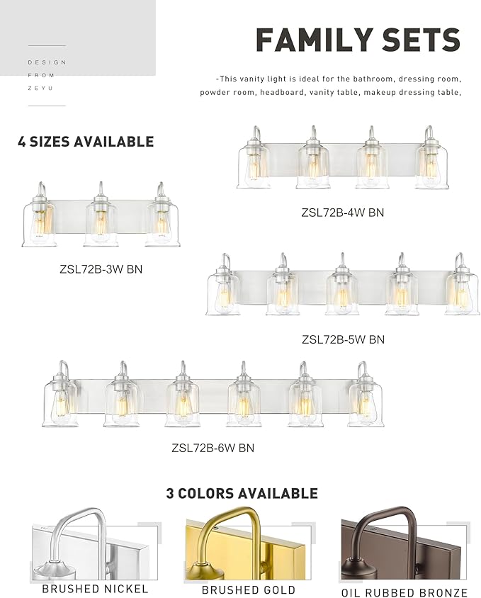 zeyu 20.5 Inch Modern Bathroom Vanity Lamp, 3-Light Wall Mirror Light for Bathroom, Brushed Nickel Finish with Clear Glass Shade, ZSL72B-3W BN