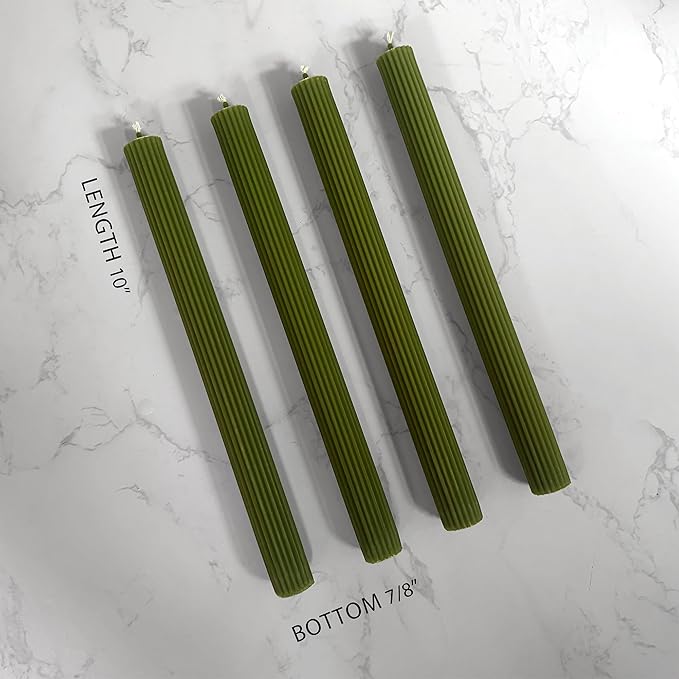 10" Candle Sticks, Ribbed Taper Candles, Moss Green, 4-Pack, Unscented