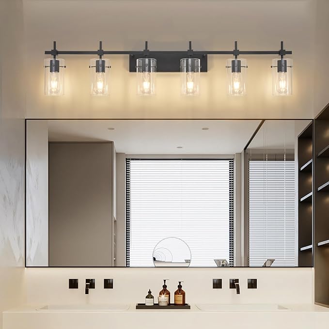 SOLFART Black Vanity Light fixtures 49.2 inch 6 Lights Wall Light Fixtures Above Mirror for Bathroom with Glass Shade (Exclude Bulb)