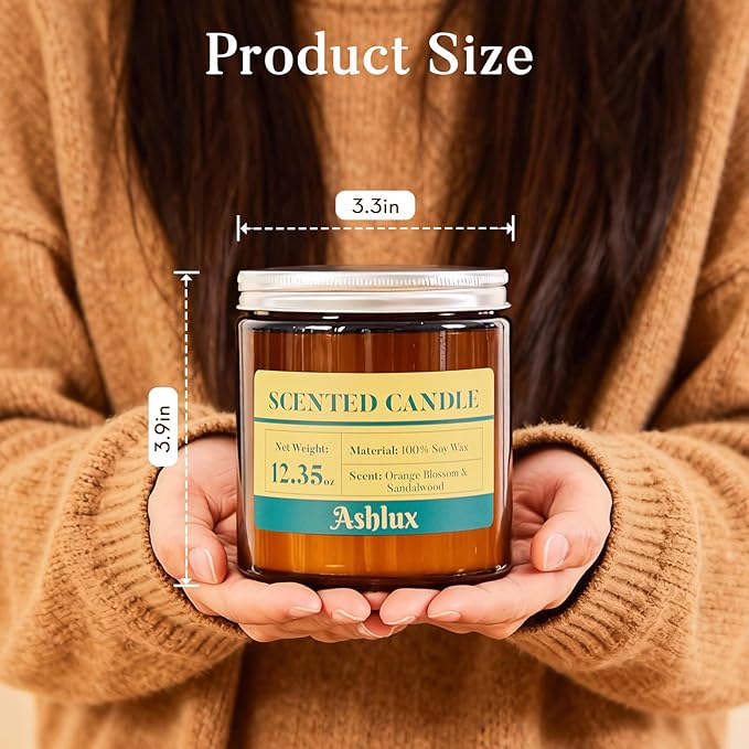 Orange Blossom and Sandalwood Candle,12.35oz Scented Candles with 8% Essential Oils,70 Hour Burn Time Soy Wax Candles for Home Decor,Reading,Jar Candle Gifts for Women and Men