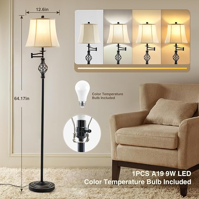 GyroVu Color Temperature Adjustable Floor lamp, Traditional 350° Adjustable Swing Arm Floor Lamp Vintage Pole lamp Farmhouse Lamp for Living Rooms & Offices, Rustic Standing Lamp for Bedroom Reading