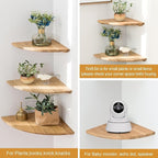 Corner Shelves, Floating Corner Shelf, Set of 2 16inch Solid Oak Wood Wall Shelves, Round End Wall Mount Display Shelf with Wire Hole for Bedroom Kitchen, Living Room (Oak, 16in 2P)