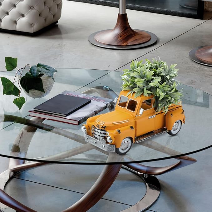 Farmhouse Yellow Truck Metal Decor,Vintage Outdoor Iron Truck Decor, Rustic Pick-up Planter,Antique Car Decoration,Desktop Wine Rack Stand,Decorative Tabletop Storage