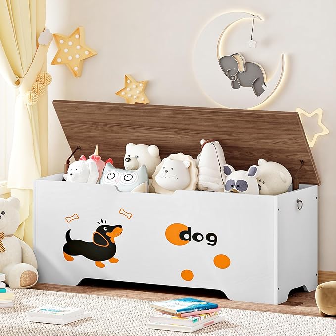 HOOBRO Toy Box, Toy Chest with 2 Safety Hinges, 43.3" Storage Bench, Wooden Storage Chest, for Entryway, Bedroom, Living Room, White and Walnut WH495CW01