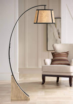 Franklin Iron Works Oak River Rustic Farmhouse Mission Style Arched Floor Lamp 66.5" Tall Dark Gray Black Wood Standing Base Mica Drum Shade for Living Room Reading House Bedroom Home Office