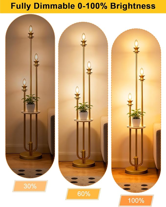 Lightdot Gold Dimmable Floor Lamp with Table, Modern Floor Lamps for Living Room, 3000K Warm Lights Tall Standing Lamp with Candle Bulb Included for Bedroom/Home Office/Sofa Beside/Corner Decor