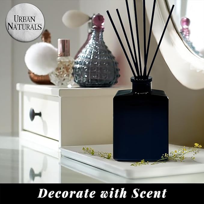 Urban Naturals Mahogany Coconut Reed Diffuser Oil Set – Mahogany, Coconut, Sandalwood, Vanilla & Oakmoss – 5 Ounce Sleek Black Rectangular Refillable Glass Bottle – Made in The USA