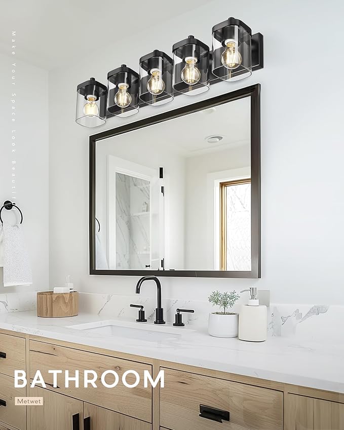 Bathroom Light Fixtures, 5-Light 30" Vanity Light with Square Clear Glass Shade, Modern Matte Black Wall Sconces, Vanity Lighting Fixtures Over Mirror, VL194-MB-5
