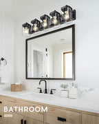 Bathroom Light Fixtures, 5-Light 30" Vanity Light with Square Clear Glass Shade, Modern Matte Black Wall Sconces, Vanity Lighting Fixtures Over Mirror, VL194-MB-5