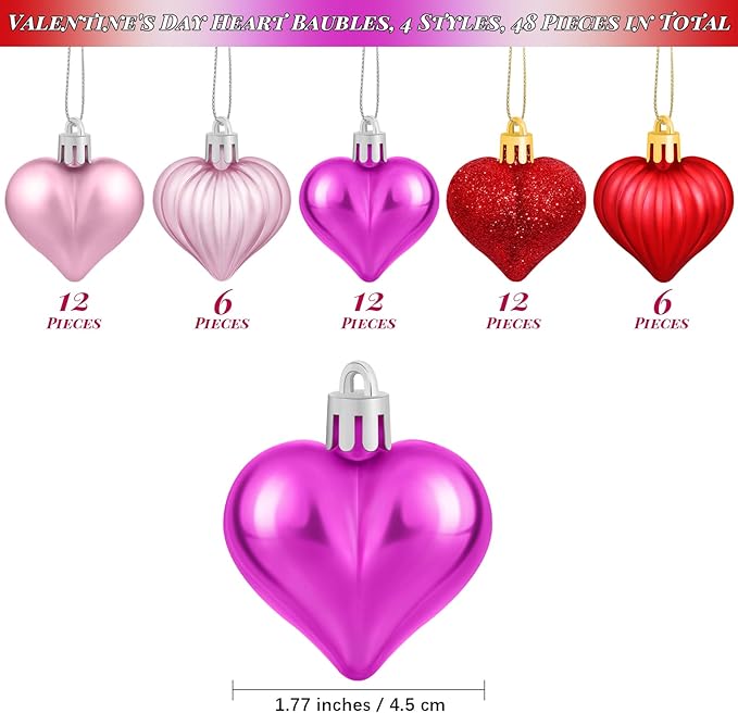 Elcoho 48 Heart Shaped Baubles Hanging Ornaments, Pink, Plastic, Valentine's Day, Christmas, New Year, Wedding, Anniversary