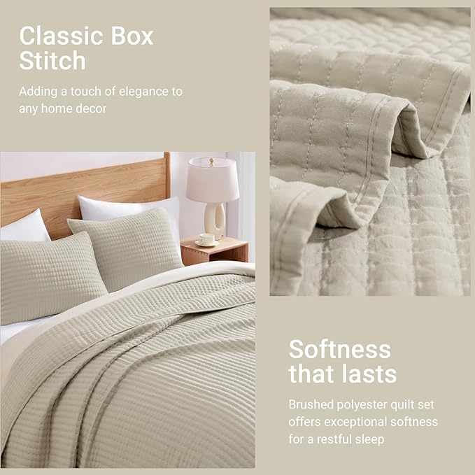 WRENSONGE Queen Quilt-3 Pieces Lightweight Bedspreads Light Oatmeal Queen Size Quilt Bedding Set for All Seasons, Soft Summer Coverlet with 2 Pillow Shams Suitable for Bed & Couch