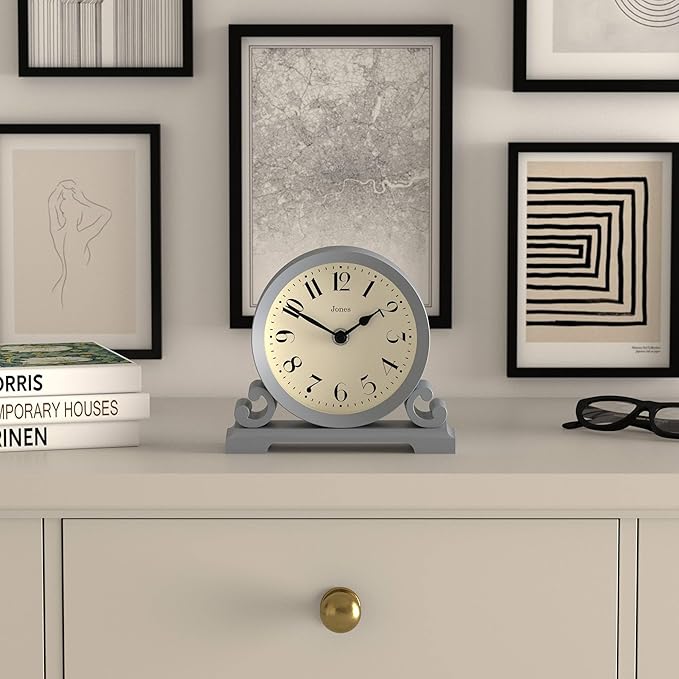 JONES CLOCKS® Saloon Mantel Clock | Traditional Double Scroll Design | French Navy | Contemporary Classic Style for Desk, Table, Shelf or Bedside
