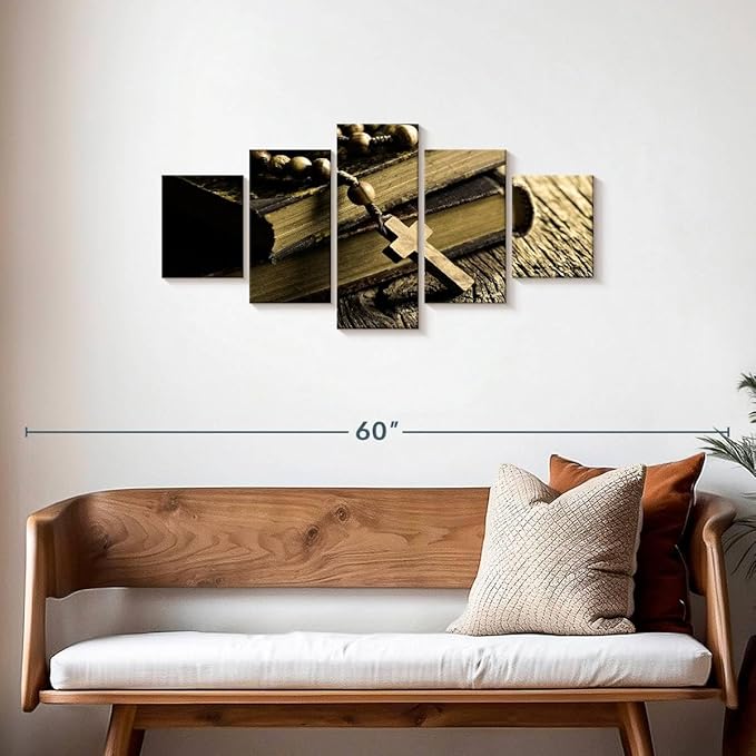 Elephant Stock Bible And Cross Wall Art Multi Piece Canvas - 5 Panel Christian Pictures Decor - Digital Design Canvas Print - Christian Wall Decor - 42" X 19"