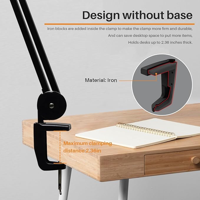 24W LED Desk Lamp with Clamp, 5 Dimming Modes, 5 Color temperatures up to 6000K, 2200 Lumens High Brightness Working Lamp with 182 Pcs LED(Black, CCT)
