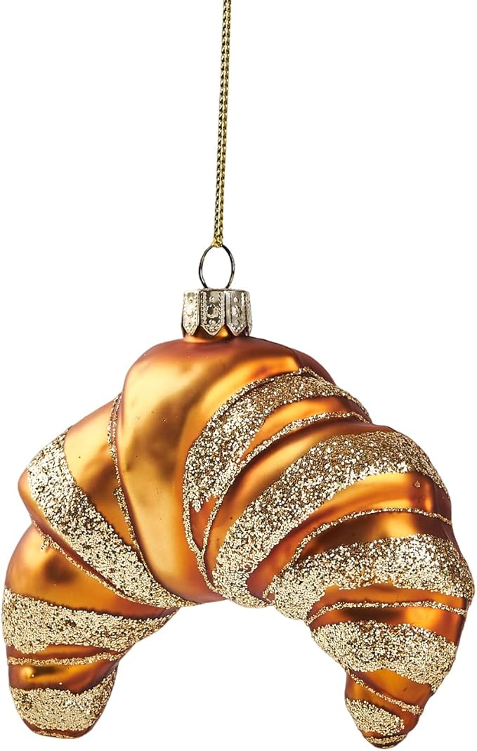 Gold Ornaments for Christmas Tree 2025 - Croissant Blown Glass Christmas Decorations, 3D Hanging Christmas Ornament for Tree Xmas Home Decor Outdoor Fun Food Mini Centerpiece