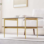Oval Glass Coffee Table, Mid-Century Modern Design, L41 x W21 x H17 inch, for Living Room, 2-Tier Structure, Amber Glass Top and Walnut Finish Wood Shelf, Conical Legs with Gold Finish Frame