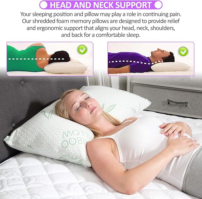 Queen Size Rayon Derived from Bamboo Pillow for Sleeping, Cooling Shredded Memory Foam Bed Pillows Set – Back, Stomach, Side Sleepers, Removable Cover, Adjustable to Firm / Soft, Queen (Pack of 1)