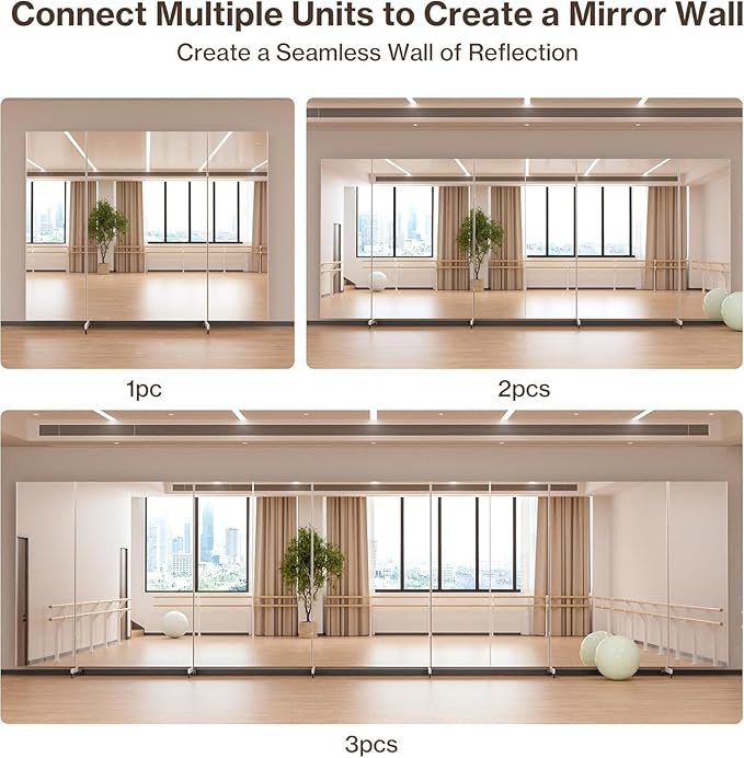 Full Length Stand Up Mirror on Wheels,63''×67'',Large Tri-Fold Floor Mirror with Stand,Movable 3-Way Full Length Standing Mirror for Gym, Dance Studio, Fitness Room, and Home (Silver)
