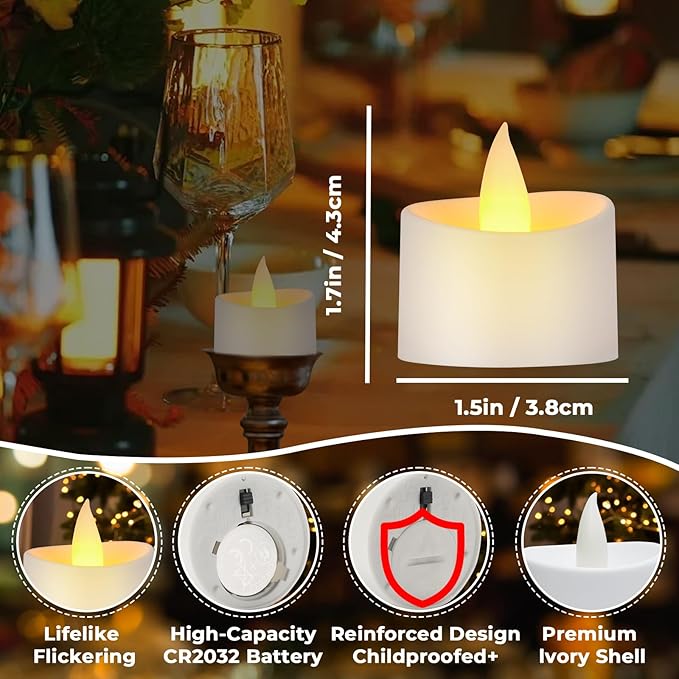 White Flameless LED Tea Lights - Battery-Powered Dancing Flame Candles for Modern Homes, White Weddings & Easter Decor (White Base, 24 Pack)
