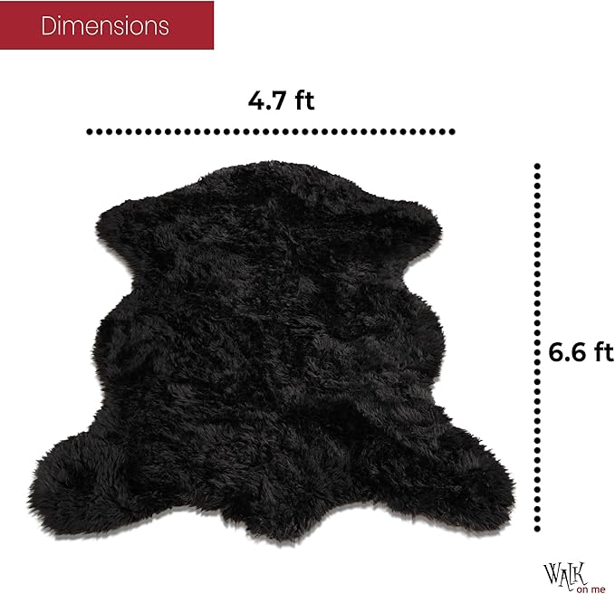 Silky Soft Faux Fur Rug, 5 ft. x 7 ft. Black Fluffy, Made in France, Sheepskin Area, Shaggy Rug for Living Room, Bedroom, Kid's Room, or Nursery, Home Décor Accent with with Non-Slip Backing